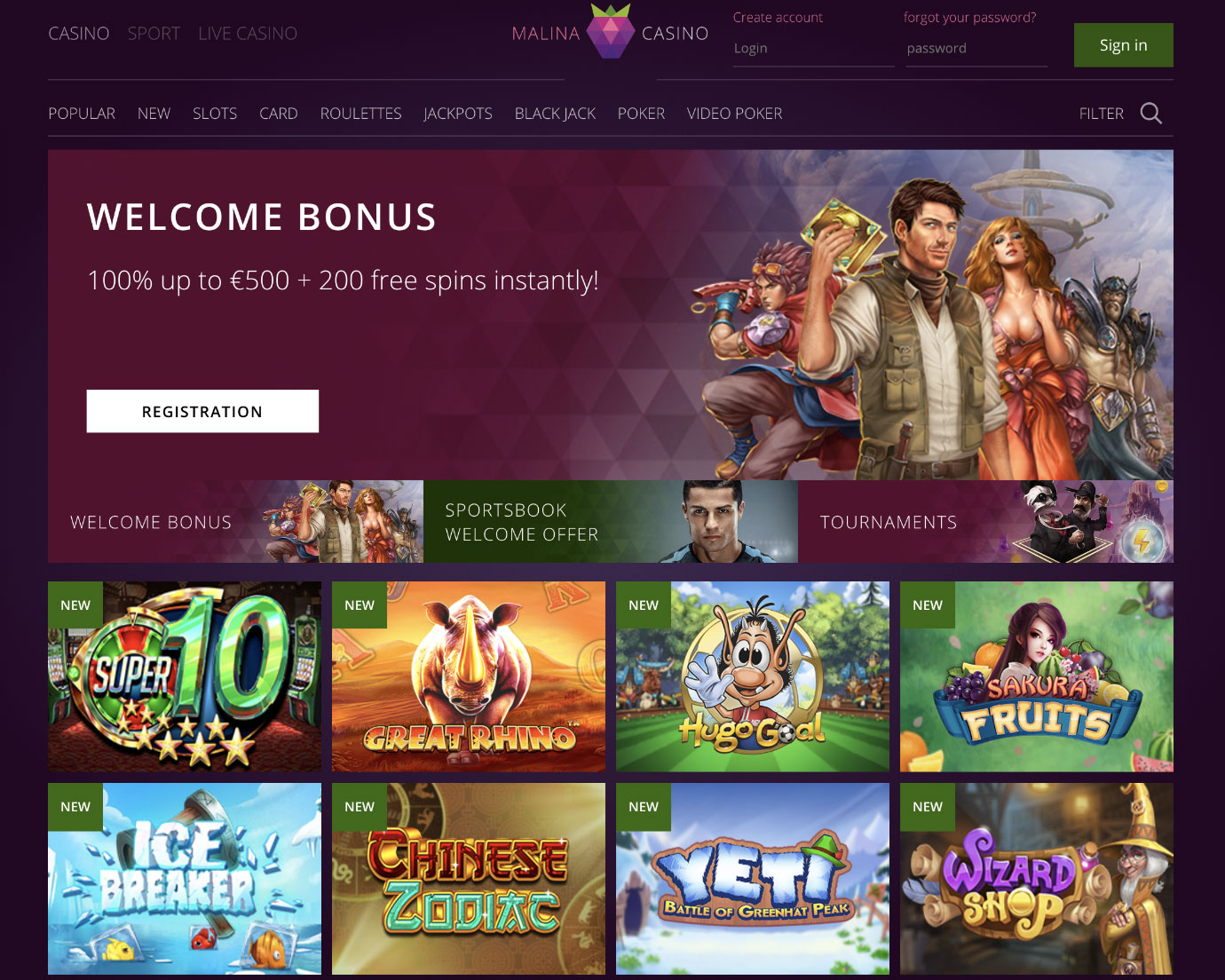 malina casino бездепозитный бонус